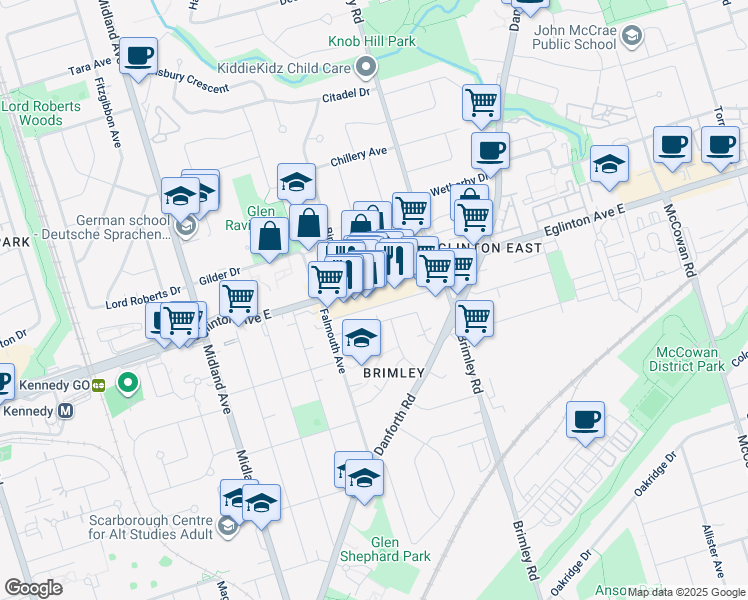 map of restaurants, bars, coffee shops, grocery stores, and more near 2653 Eglinton Avenue East in Toronto