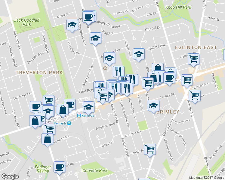 map of restaurants, bars, coffee shops, grocery stores, and more near in Toronto