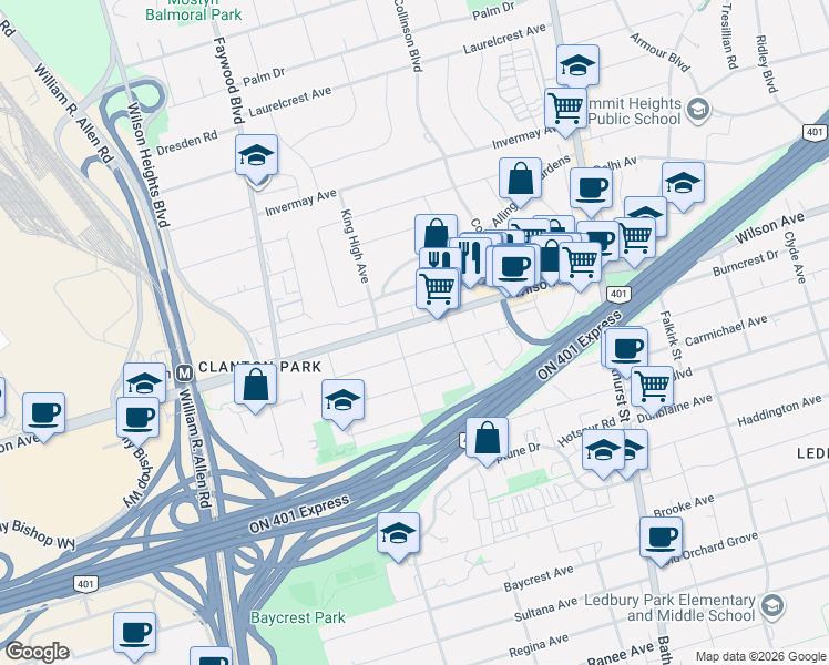 map of restaurants, bars, coffee shops, grocery stores, and more near in Toronto