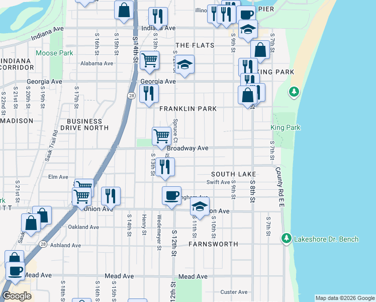 map of restaurants, bars, coffee shops, grocery stores, and more near 1111 Broadway Avenue in Sheboygan