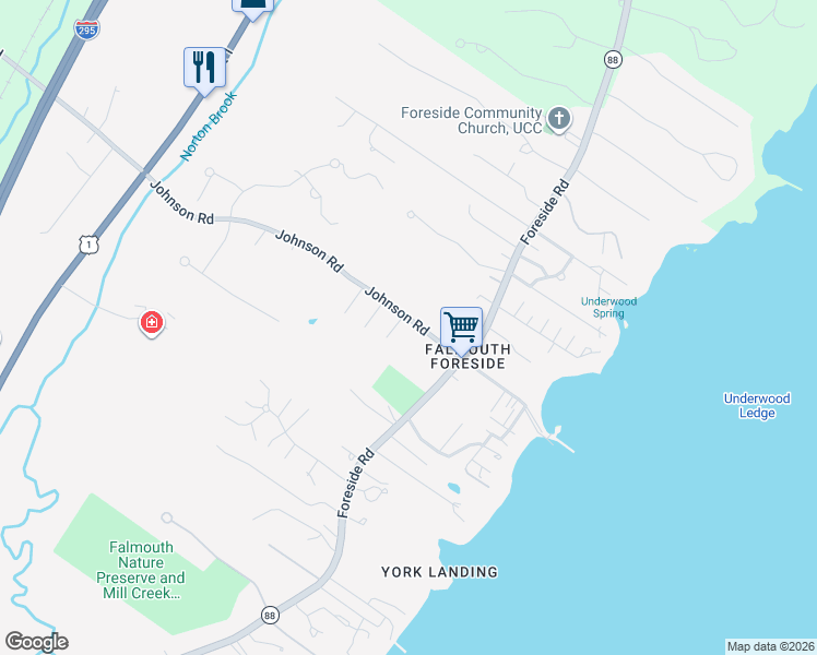 map of restaurants, bars, coffee shops, grocery stores, and more near 18 Johnson Road in Falmouth
