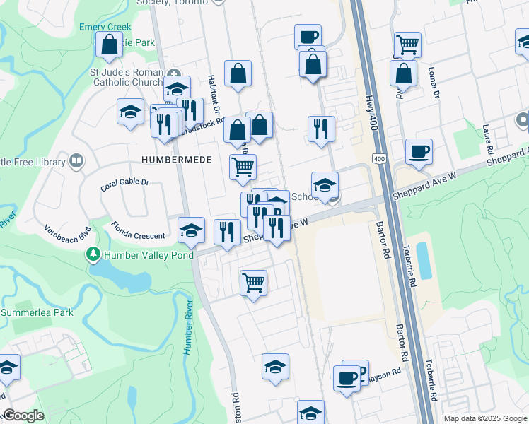 map of restaurants, bars, coffee shops, grocery stores, and more near in Toronto