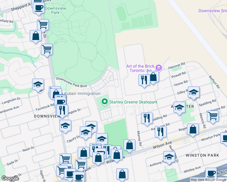 map of restaurants, bars, coffee shops, grocery stores, and more near 110 William Duncan Road in Toronto