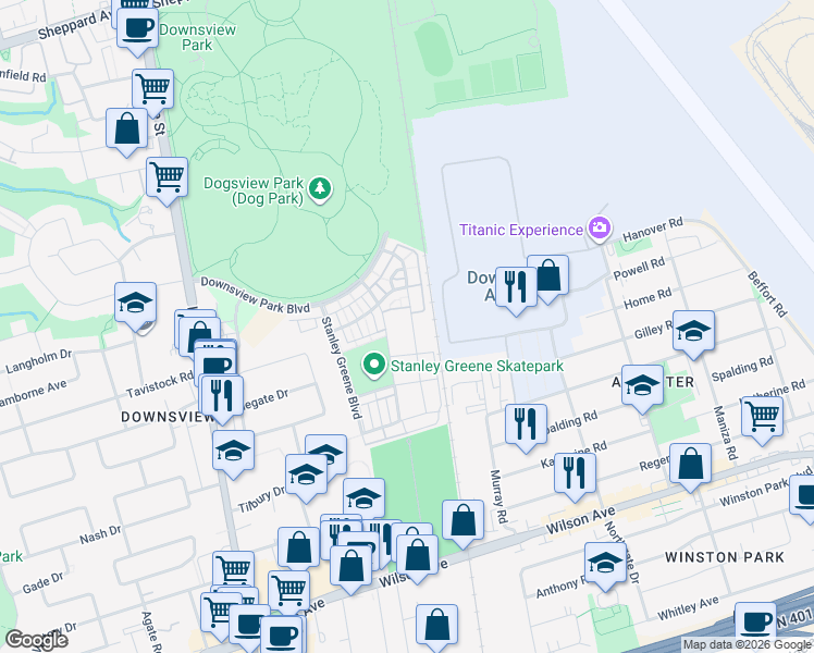 map of restaurants, bars, coffee shops, grocery stores, and more near 134 William Duncan Road in Toronto