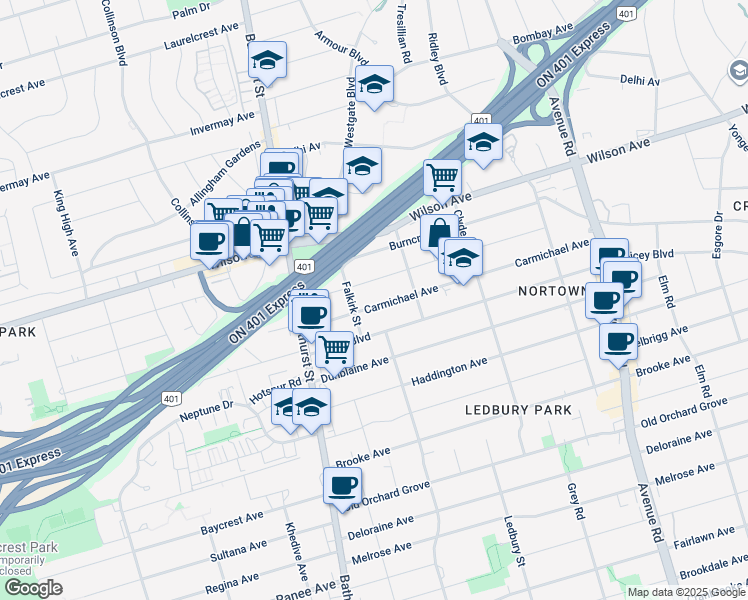 map of restaurants, bars, coffee shops, grocery stores, and more near 208 Carmichael Avenue in Toronto