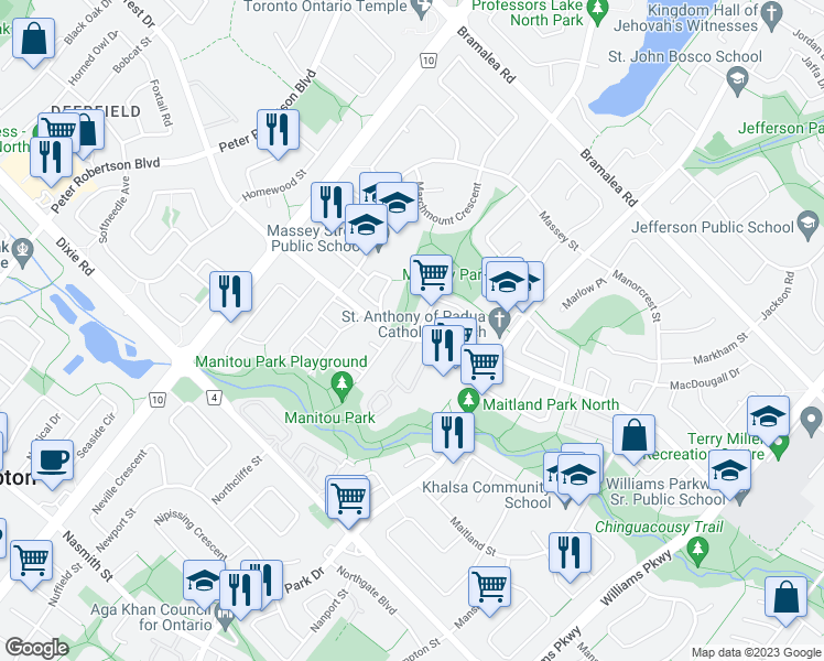 map of restaurants, bars, coffee shops, grocery stores, and more near 1 Morley Crescent in Brampton