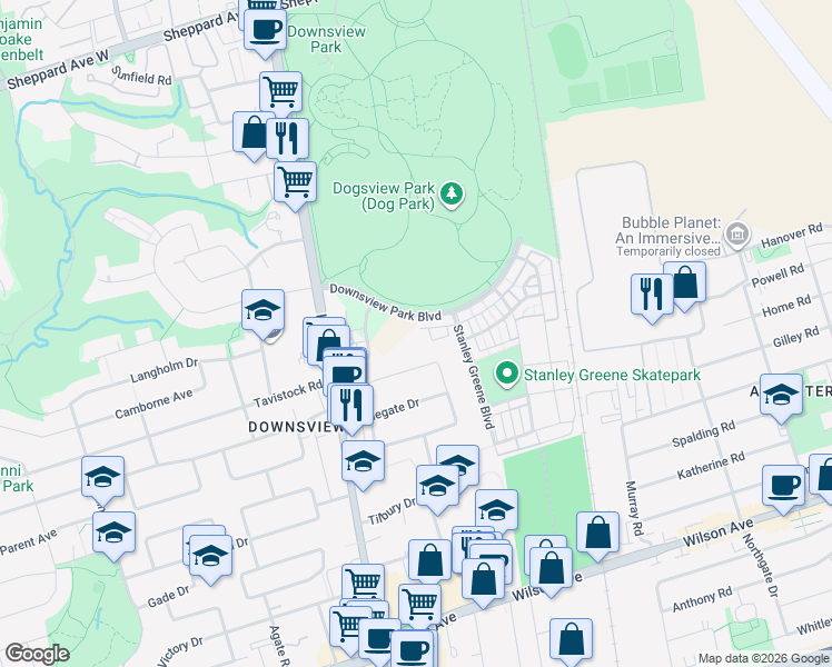 map of restaurants, bars, coffee shops, grocery stores, and more near 155 Downsview Park Boulevard in Toronto