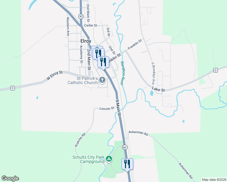 map of restaurants, bars, coffee shops, grocery stores, and more near 117 Wisconsin 80 in Elroy