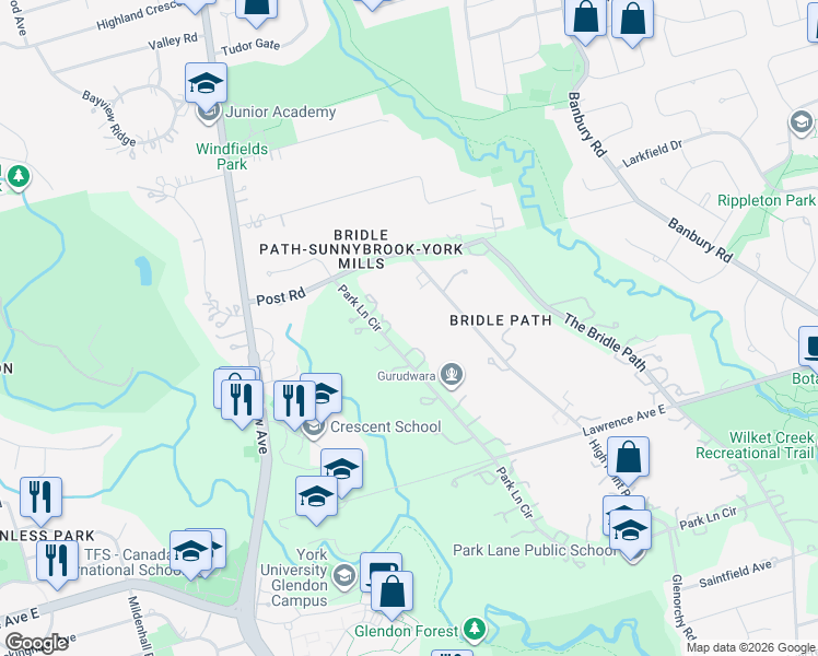 map of restaurants, bars, coffee shops, grocery stores, and more near 15 Park Lane Circle in Toronto
