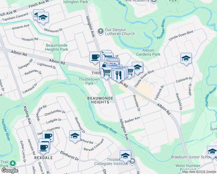 map of restaurants, bars, coffee shops, grocery stores, and more near 2610 Islington Avenue in Toronto