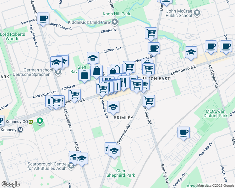 map of restaurants, bars, coffee shops, grocery stores, and more near 2657 Eglinton Avenue East in Toronto