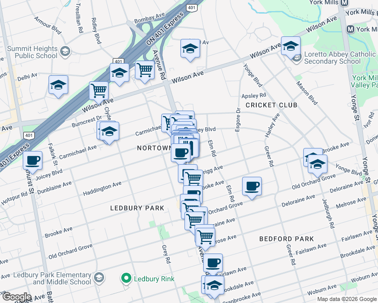map of restaurants, bars, coffee shops, grocery stores, and more near in Toronto