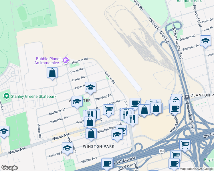 map of restaurants, bars, coffee shops, grocery stores, and more near in Toronto