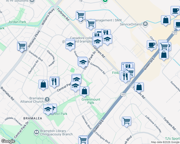 map of restaurants, bars, coffee shops, grocery stores, and more near 60 Gulliver Crescent in Brampton