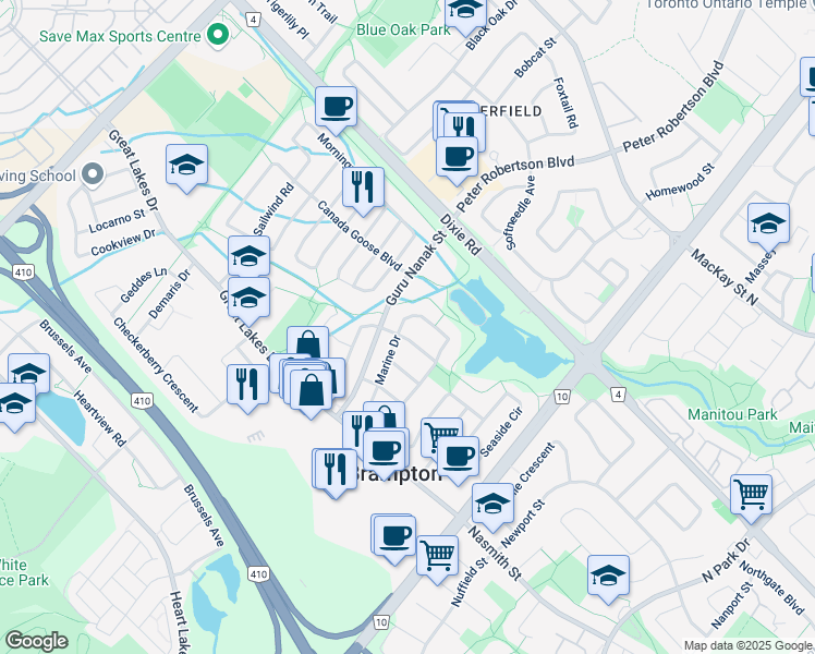 map of restaurants, bars, coffee shops, grocery stores, and more near in Brampton