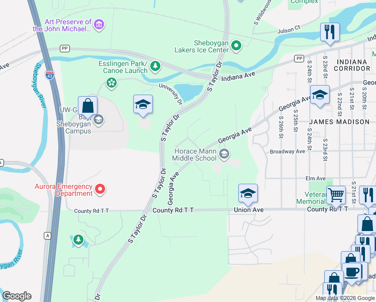 map of restaurants, bars, coffee shops, grocery stores, and more near 1731 Hilltop Drive in Sheboygan