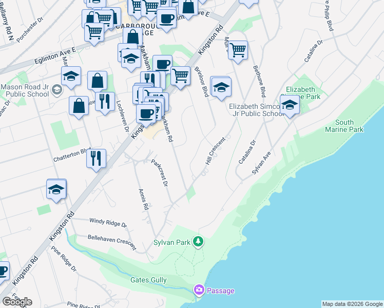 map of restaurants, bars, coffee shops, grocery stores, and more near 20 Brinloor Boulevard in Toronto