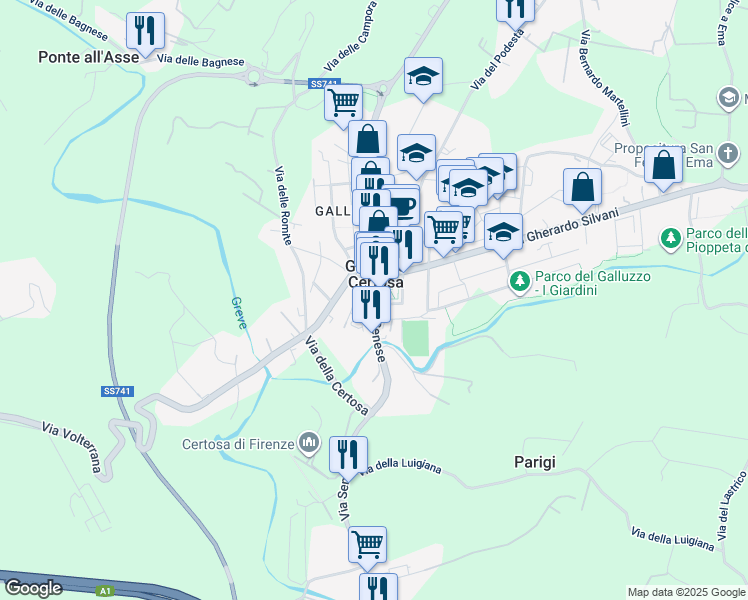 map of restaurants, bars, coffee shops, grocery stores, and more near 266A Via Senese in Firenze