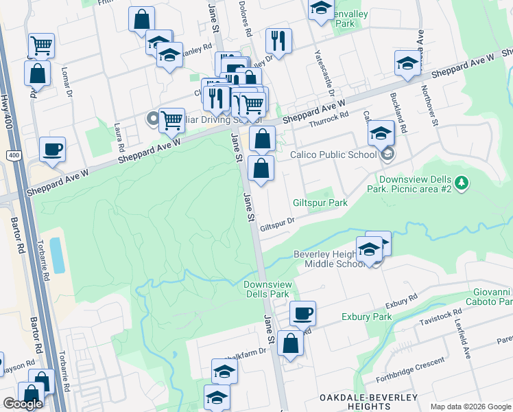 map of restaurants, bars, coffee shops, grocery stores, and more near 2613 Jane Street in Toronto