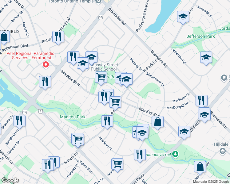 map of restaurants, bars, coffee shops, grocery stores, and more near 44 Morley Crescent in Brampton