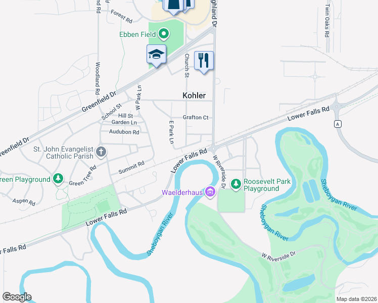 map of restaurants, bars, coffee shops, grocery stores, and more near 148 South Road in Kohler