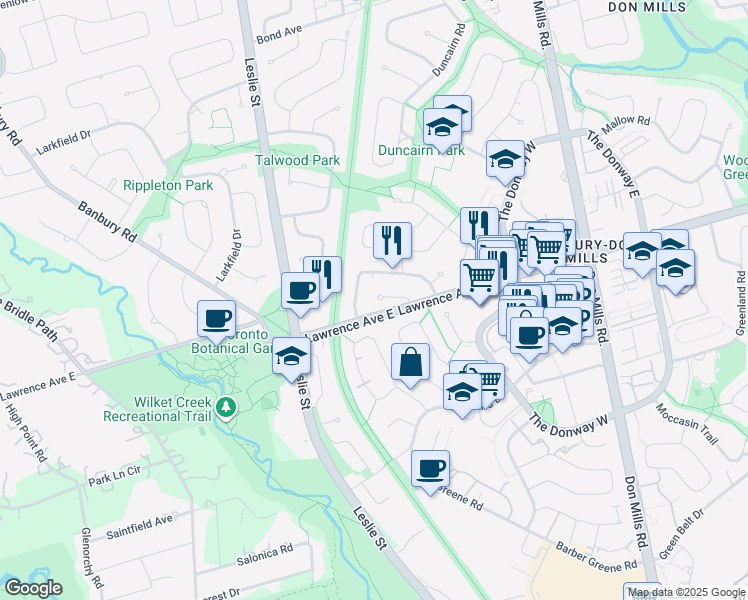 map of restaurants, bars, coffee shops, grocery stores, and more near 11 Cassidy Place in Toronto