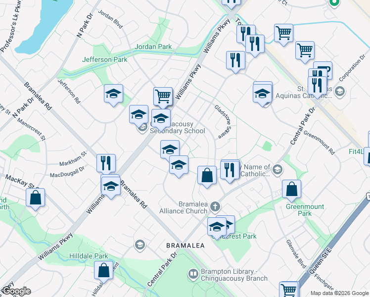 map of restaurants, bars, coffee shops, grocery stores, and more near 87 Glenforest Road in Brampton