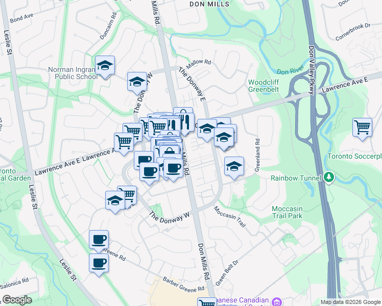 map of restaurants, bars, coffee shops, grocery stores, and more near 1065 Don Mills Road in Toronto