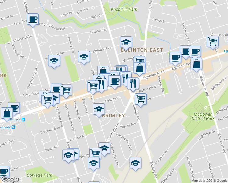 map of restaurants, bars, coffee shops, grocery stores, and more near 41-45 Century Drive in Toronto