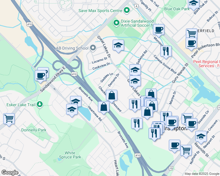map of restaurants, bars, coffee shops, grocery stores, and more near 26 Lillian Crescent in Brampton