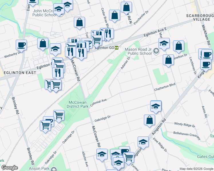 map of restaurants, bars, coffee shops, grocery stores, and more near 18 Adanac Drive in Toronto