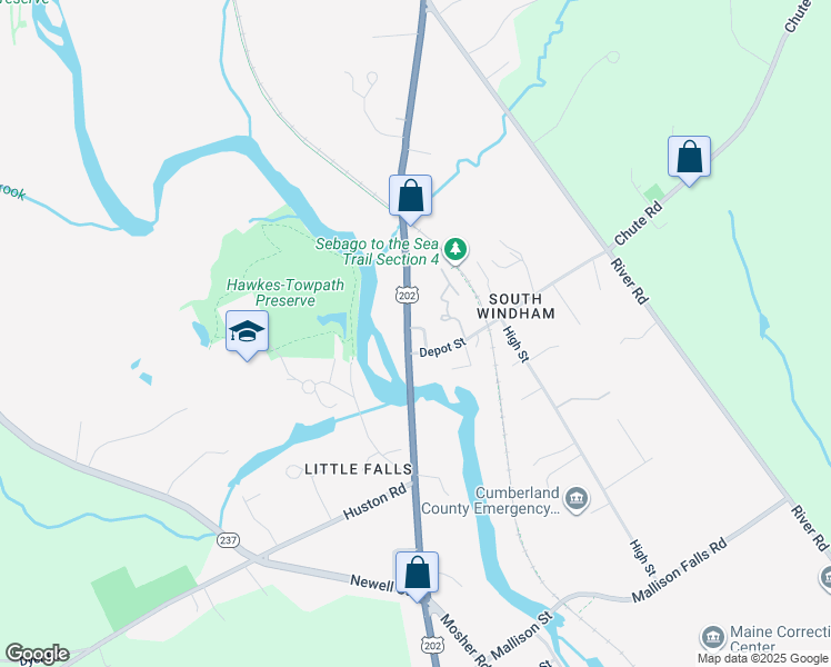map of restaurants, bars, coffee shops, grocery stores, and more near 17 Main Street in Windham