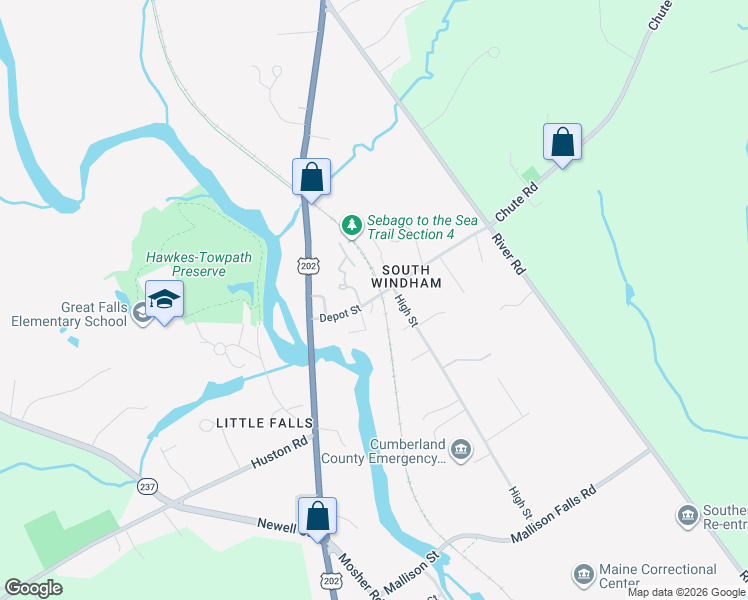 map of restaurants, bars, coffee shops, grocery stores, and more near 19 Station Lane in Windham