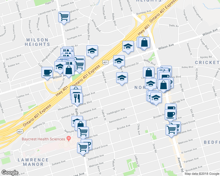 map of restaurants, bars, coffee shops, grocery stores, and more near 109 Carmichael Avenue in Toronto