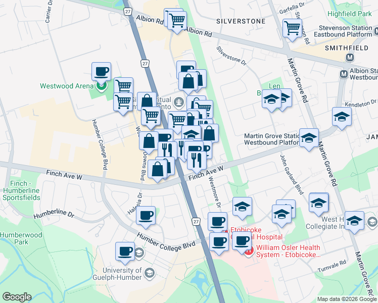 map of restaurants, bars, coffee shops, grocery stores, and more near in Toronto