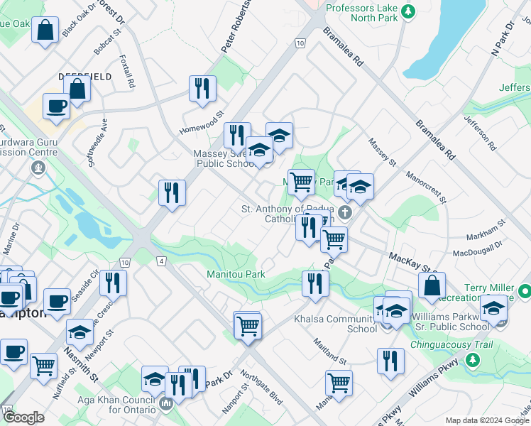 map of restaurants, bars, coffee shops, grocery stores, and more near Mackay Street North in Brampton