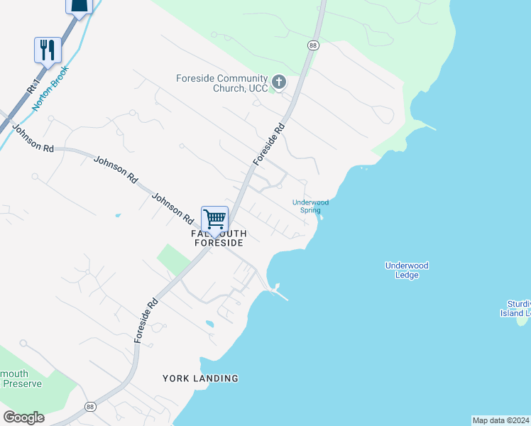 map of restaurants, bars, coffee shops, grocery stores, and more near 16 Casco Terrace in Falmouth