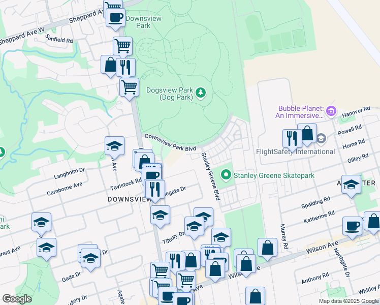 map of restaurants, bars, coffee shops, grocery stores, and more near 80 Cuffley Crescent North in Toronto