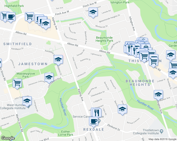 map of restaurants, bars, coffee shops, grocery stores, and more near 45 Lakeland Drive in Toronto