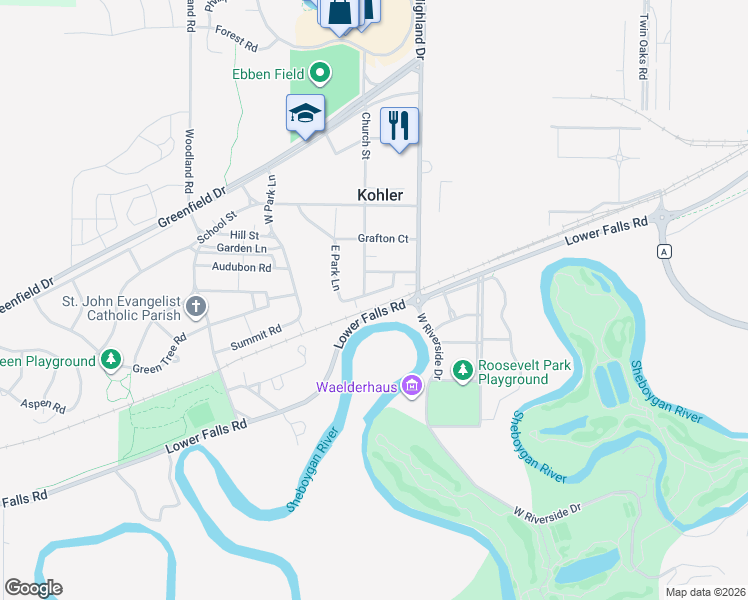 map of restaurants, bars, coffee shops, grocery stores, and more near 148 South Road in Kohler