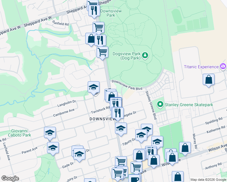 map of restaurants, bars, coffee shops, grocery stores, and more near 50 George Butchart Drive in Toronto
