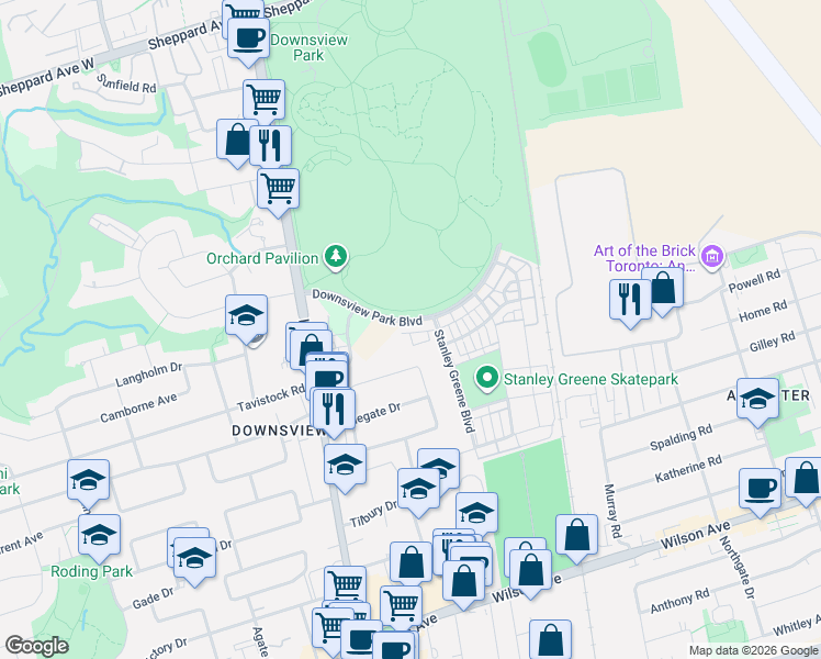map of restaurants, bars, coffee shops, grocery stores, and more near 167 Downsview Park Boulevard in Toronto
