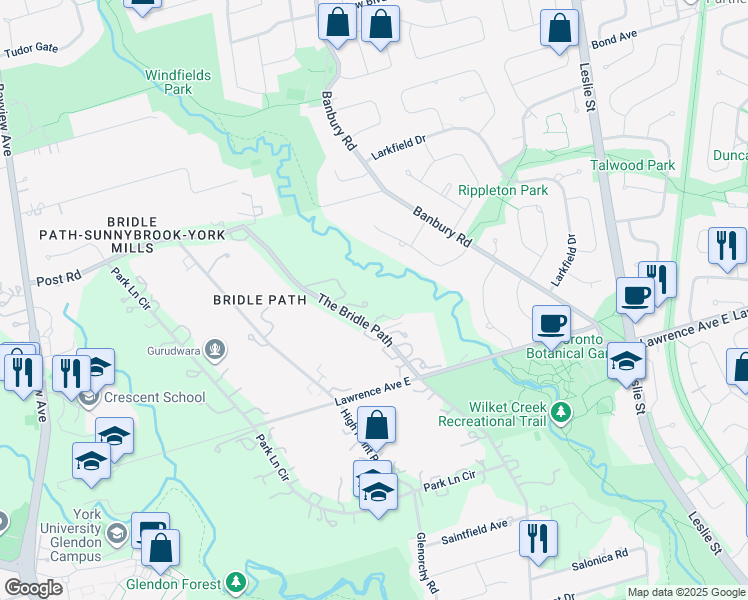 map of restaurants, bars, coffee shops, grocery stores, and more near 68 The Bridle Path in Toronto