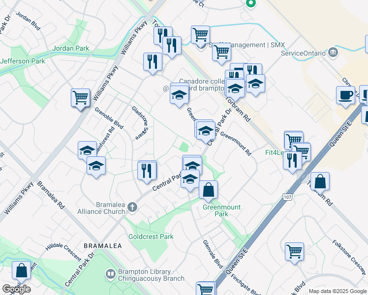 map of restaurants, bars, coffee shops, grocery stores, and more near 1100 Central Park Drive in Brampton