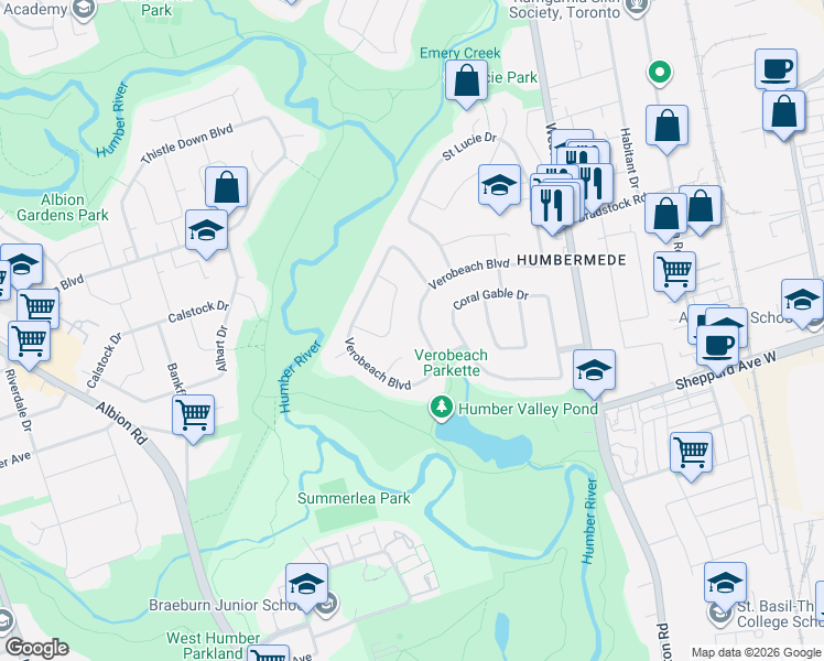 map of restaurants, bars, coffee shops, grocery stores, and more near 122 Verobeach Boulevard in Toronto