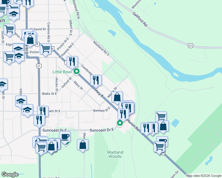 map of restaurants, bars, coffee shops, grocery stores, and more near 313 Cambridge Street in Goderich