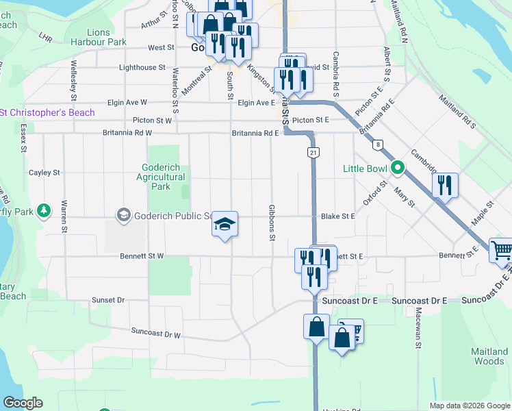 map of restaurants, bars, coffee shops, grocery stores, and more near 207 Cameron Street in Goderich