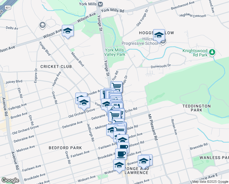 map of restaurants, bars, coffee shops, grocery stores, and more near 1 Donwoods Drive in Toronto