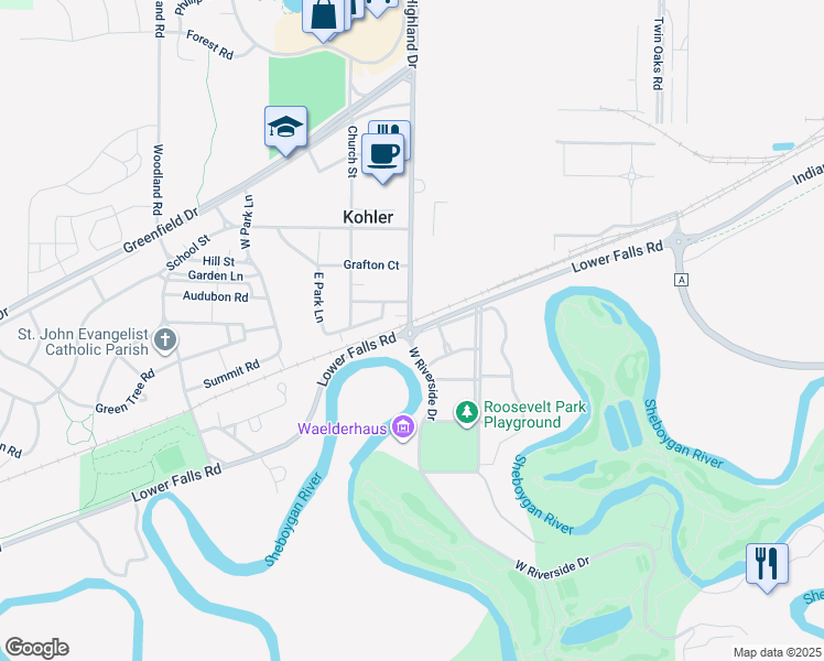 map of restaurants, bars, coffee shops, grocery stores, and more near Lower Falls Road in Kohler