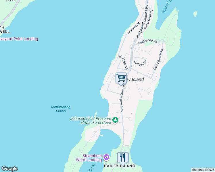 map of restaurants, bars, coffee shops, grocery stores, and more near 27 Steamboat Road in Harpswell